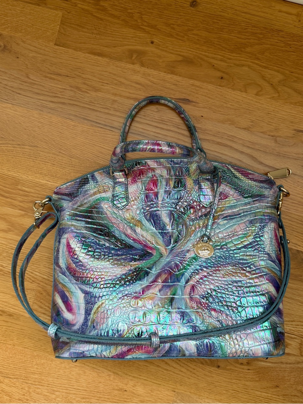 Brahmin Iridescent Multicolor Croc-Embossed Satchel in Teal, Purple, Pink